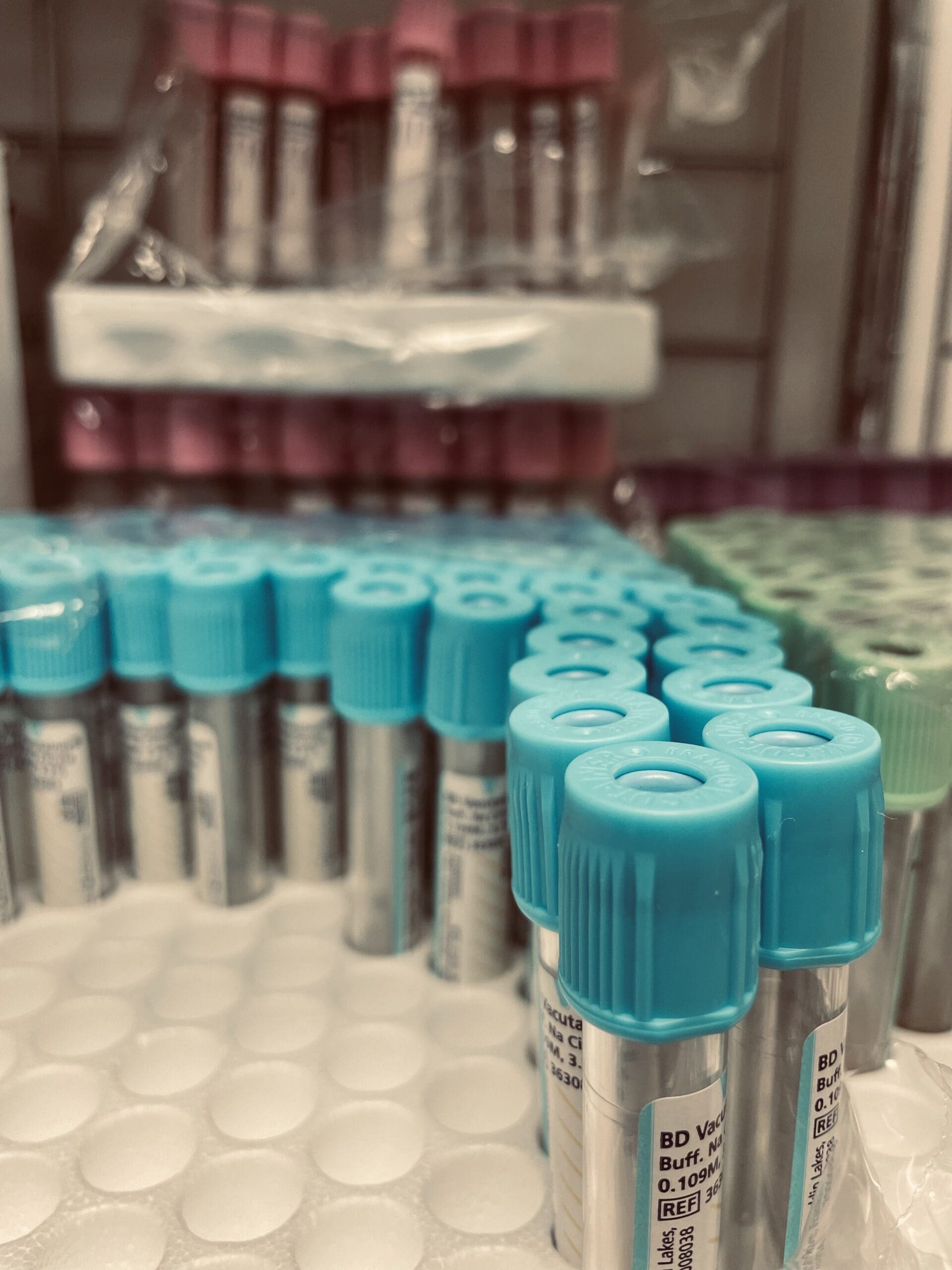 Blue vials for blood collection.